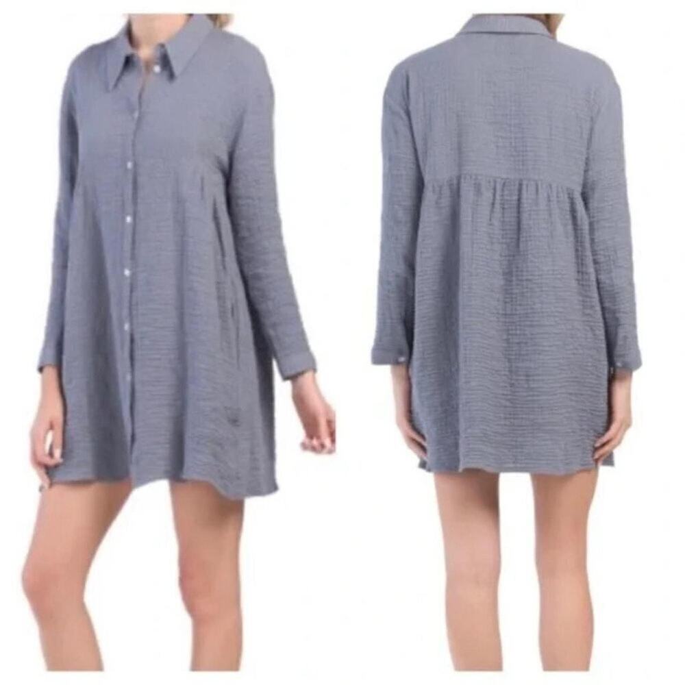 Zara Crinkled Cotton Blue Gray Long Sleeve Button Down Tunic Shirt Sz m oversize